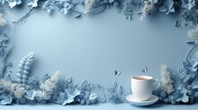   A Blue Background With Flowers And Butterflies Has A Cup Of Coffee Sitting On Top Of A Saucer In Front