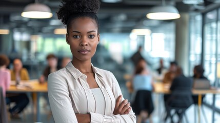 Wall Mural - Portrait of young stylist designer African American female businesswomen looking camera sitting in meeting room running business startup, modern home office laptop computer or co-working space