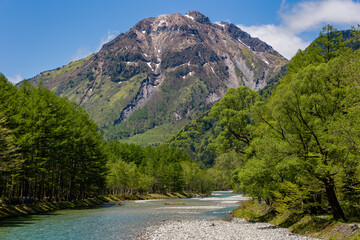 Wall Mural - River Azusa flowing through the highland Kamikochi valley with towering, snow-capped mountains behind