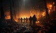 Group of People Walking Through Forest of Fire