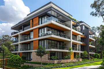 Fototapete - Modern apartment building exterior with glass balconies an large windows with decorative elements.