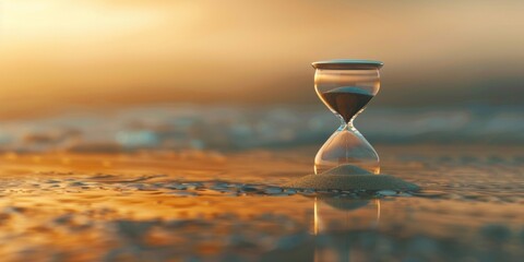 An hourglass stands on a sandy beach, with grains of sand trickling down from one bulb to the other