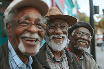 Portrait of three elder men s on the street talking