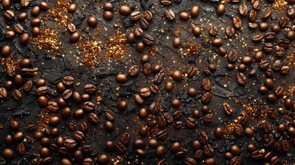 Wall Mural -   A close-up photo of black coffee beans scattered on a black surface, adorned with white sprinkles and gold flakes