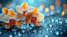  Two Yellow And White Orchids With Water Droplets On The Ground In Front Of A Book Of Raindrops