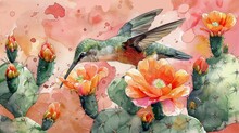   Watercolor Depiction Of A Hummingbird Hovering Above Cactus With Orange Blossoms Amidst Pink Backdrop