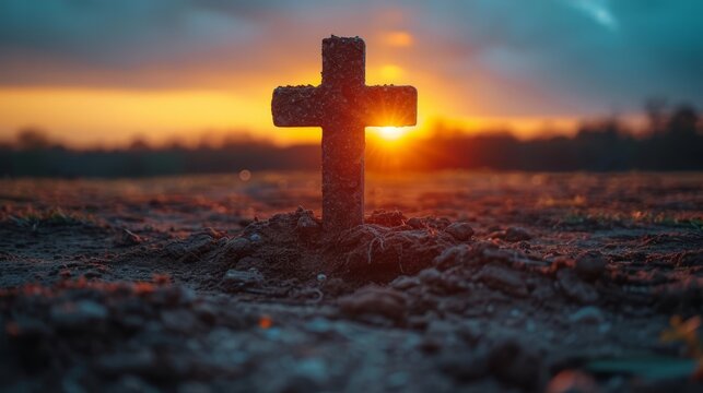   A crucifix stands solitarily in a field as the sun sets in the distant background