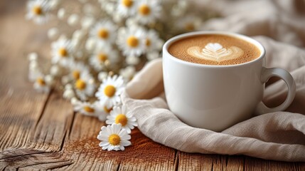 Sticker -   A cup of cappuccino atop a wooden table, adjacent to a bouquet of daisies