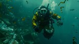 Fototapeta Do akwarium - Divers collect trash around coral and fish life under the sea world ocean day world environment day Virtual image