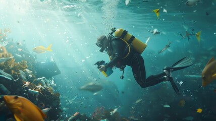 Wall Mural - Divers collect trash around coral and fish life under the sea world ocean day world environment day Virtual image