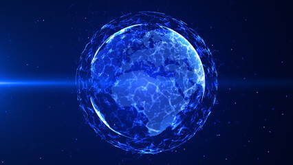 Wall Mural - Global network connection digital earth rotating. Dot and line with polygon, Blue color and dark background. 3D rendering