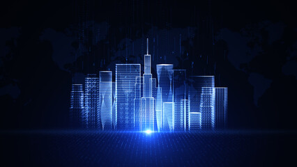 Poster - Smart city cybersecurity digital data network protection, Technology network background concept. Dot and line with blue color and dark background. 3D rendering.