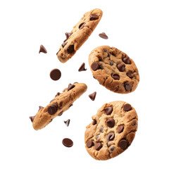 Flying chocolate chips cookies isolated on transparent background