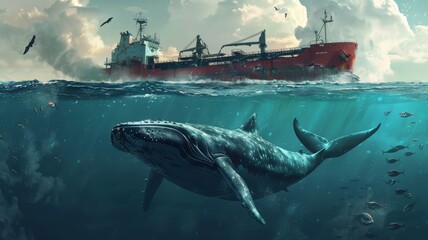 Ship noise pollution affects aquatic animals in the sea.world ocean day world environment day Virtual image.