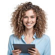 woman with tablet computer wearing blue shirt isolated on transparent background