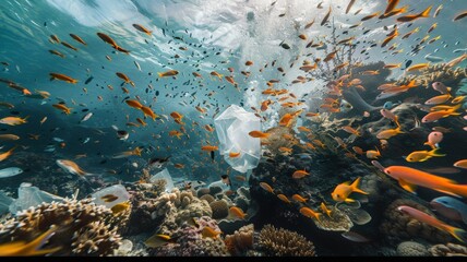 Wall Mural - The problem of garbage in the ocean Plastic bags near corals and underwater animals world ocean day world environment day Virtual image