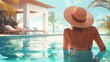 A girl in a hat walks into the pool of a private villa. A private holiday with no one around. A rich woman can afford a luxury vacation with good service