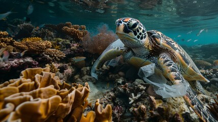 Turtle carries a plastic bag near coral and underwater animals. world ocean day world environment day Virtual image