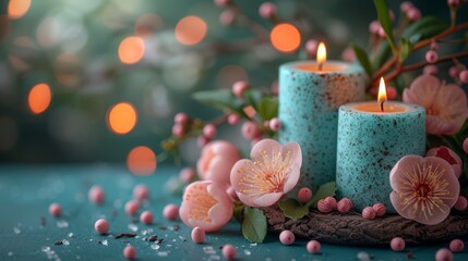 Wall Mural -   Two blue candles atop a table, accompanied by a flower bundle and a candle holder