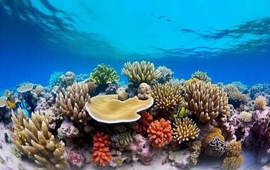 Wall Mural - Small canyon underwater carved by the swell into the fore reef with sunlight through water surface