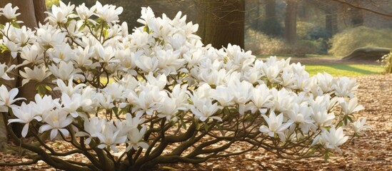 Poster - The delicate white blossom of a flower emerging from the earth with petals unfurling towards the sunlight