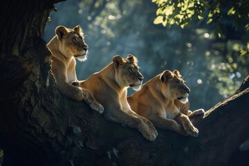   A group of lions sits atop a tree branch, overlooking a lush, green forest teeming with numerous trees