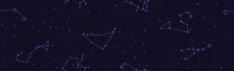 Tarot seamless pattern with blue constellations and stars on a dark background. Mystical esoteric boho background for astrology wrapping paper. Vector illustration of decorative ornament.