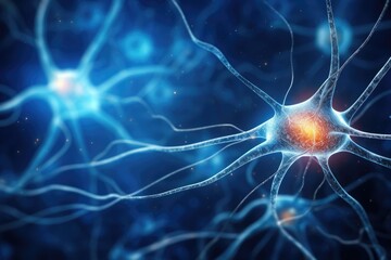 Poster - lighting neuron cell, 3d rendering of neuron cell with neurons and nervous system science background