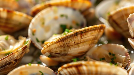 Wall Mural - Steamed clams with herbs in bowl. Macro shot of seafood dish.