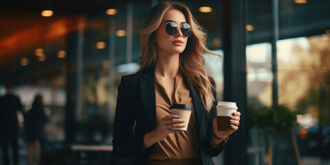 Wall Mural - A stylish woman with two disposable cups of coffee walks down the street with glass showcases in the background.