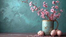   A Vase, Filled With Pink Blooms, Sits Beside Three Eggs Atop A Table Nearby, A Blue Wall Stands