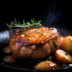 Wall Mural - Grilled meat with potatoes and rosemary on a black background