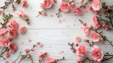 Wall Mural - Spring flowers. Pink flowers on white wooden background. Flat lay, top view, copy space.