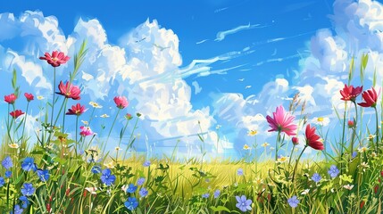 Wall Mural - Spring or summer landscape with meadow flowers and blue sky with clouds  ,Generative ai, 