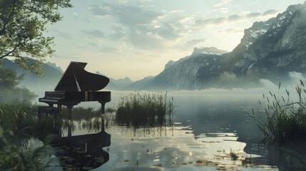 A piano is seen floating in the middle of a lake