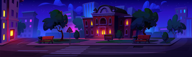 Wall Mural - School building outside at night. Cartoon vector city landscape with dark education house with light in windows and streetlights, yard with trees and bench on pavement, road with crosswalk and sign.