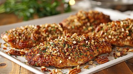 Wall Mural - Pecan-crusted chicken breasts on a white serving platter.