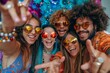 © Art Treasure - Happy friends point fingers at camera inviting you to join 70s style fancy dress fun groovy disco party. Funny photobooth group portrait of excited young people at New Year Eve, Generative AI