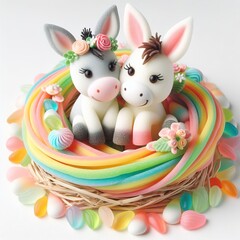 a couple wedding donkey in nest made of pastel color rainbow gummy candy on a white background