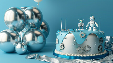 Wall Mural - A futuristic robot themed birthday cake with metallic silver and blue icing, adorned with edible gears and a fondant robot, next to silver and blue balloons on a solid tech blue background.