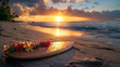 surfboard with lei flowers lying on the wet sand at sea beach at sunset sky for lei day..