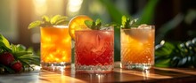   A Tight Shot Of Three Glasses, Each Holding A Drink, On A Table Strawberries And Lemons Adorn The Sides