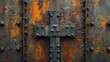   A tight shot of weathered metal, showcasing riveted edges and a central cross emblem