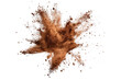 Explosion splash of ground coffee or cocoa powder with freeze isolated on background, pile of splatter of coffee grind dust powder, brown shattered beans.