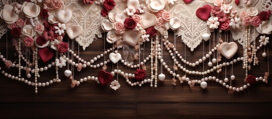 Canvas Print - A decorative wall is embellished with an array of colorful flowers and elegant pearls, creating a charming display