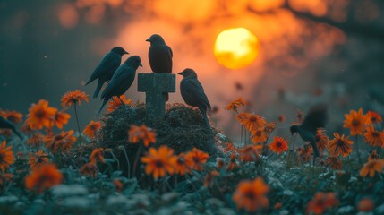 Wall Mural -   A collection of birds perched atop a weathered post amidst a flower-filled meadow; sun glows behind