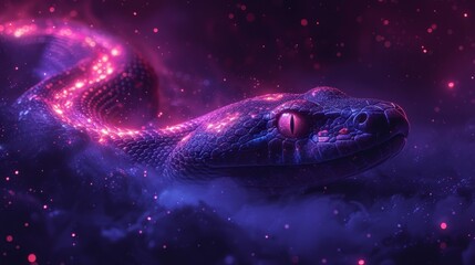   A purple snake amidst a sea of pink and purple stars, emits a red light from its mouth