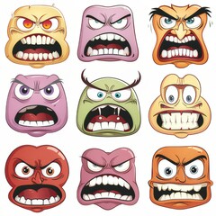 Wall Mural - Clipart illustration with various types of angry face on a white background.	