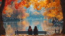   Two Women Seated On A Bench Before An Autumnal Body Of Water, Encompassed By Trees Shedding Orange And Yellow Leaves