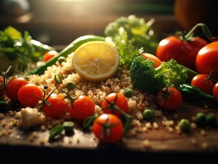 Wall Mural - A bowl of food with a lemon and tomatoes on top